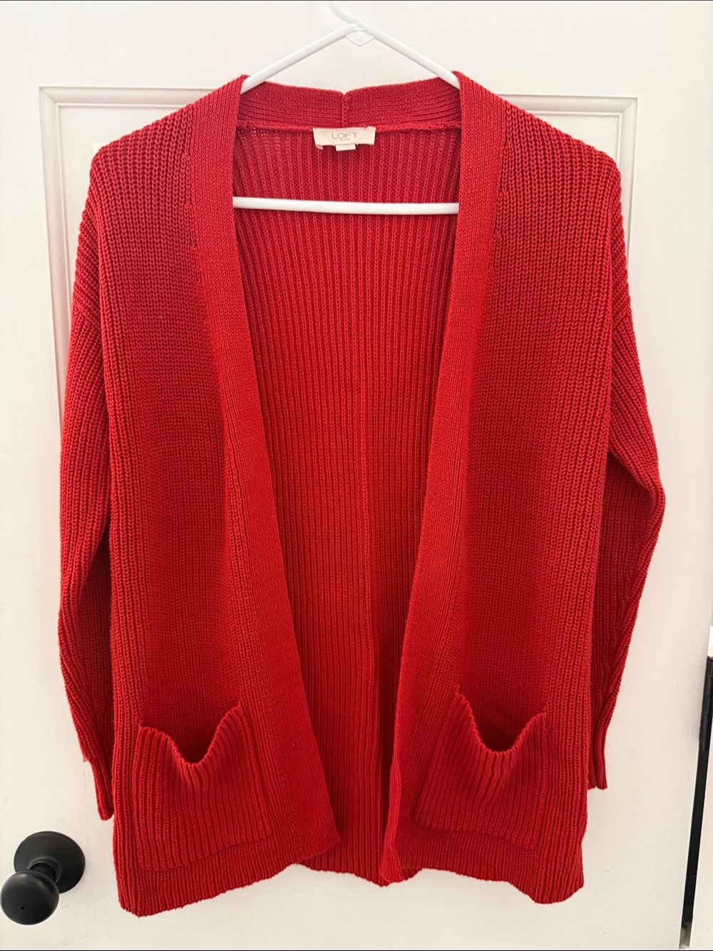 LOFT Red Open-Front Knit Cardigan with Pockets